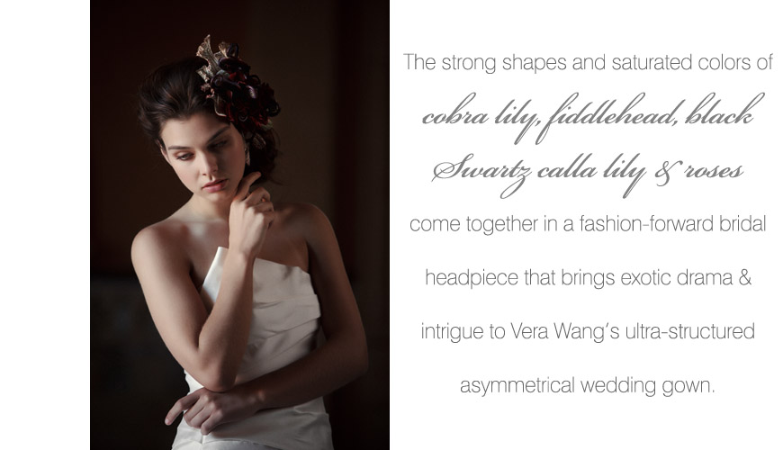 Vera Wang's Spring 2011 Fiona asymmetrical mermaid wedding gown with a creative fresh flower hair accessory by tic tock Couture Floral, hair and makeup by Erin Skipley, photos by Apertura Photography taken at The Grand Del Mar Resort in San Diego, California
